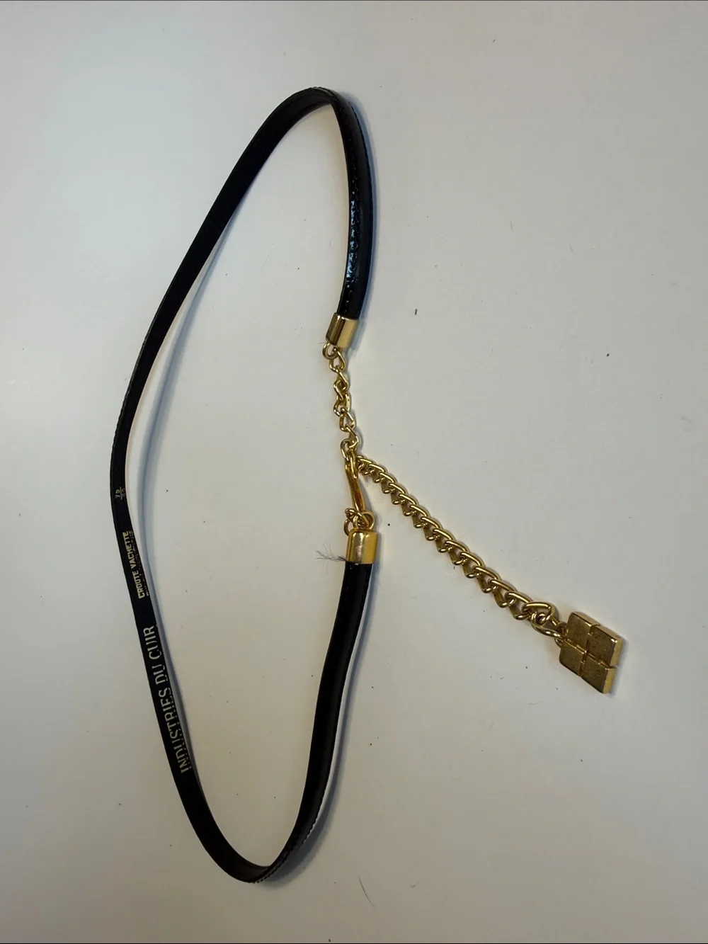 Black Leather Skinny Belt with Gold Chain Accent